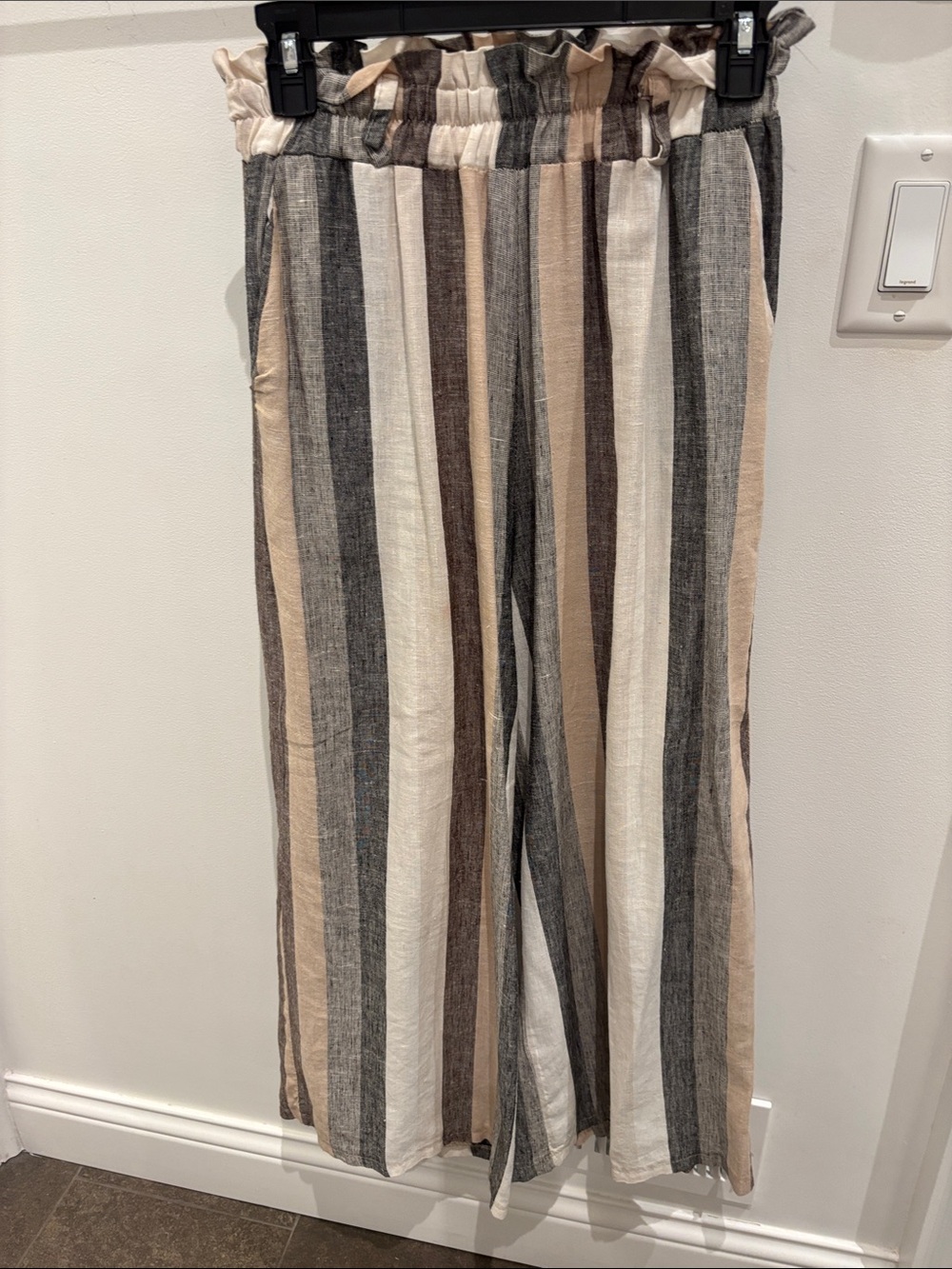Striped Wide-Leg Linen Blend Pants - Beige, White & Gray